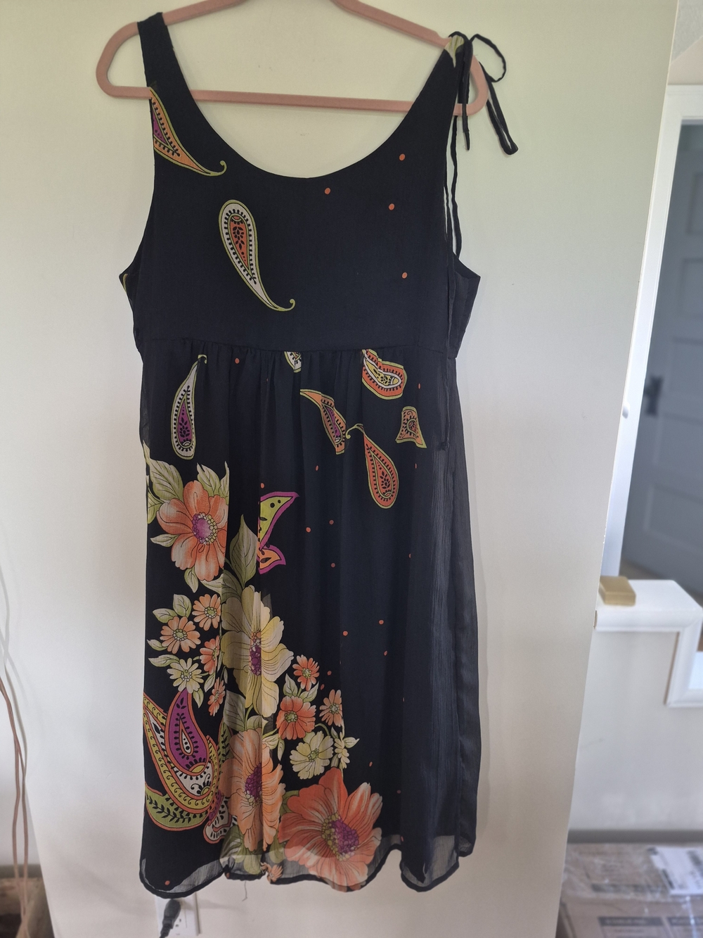 Papa XL Black Floral Boho Sleeveless Dress Tie Shoulder Empire Waist - Picture 6 of 8